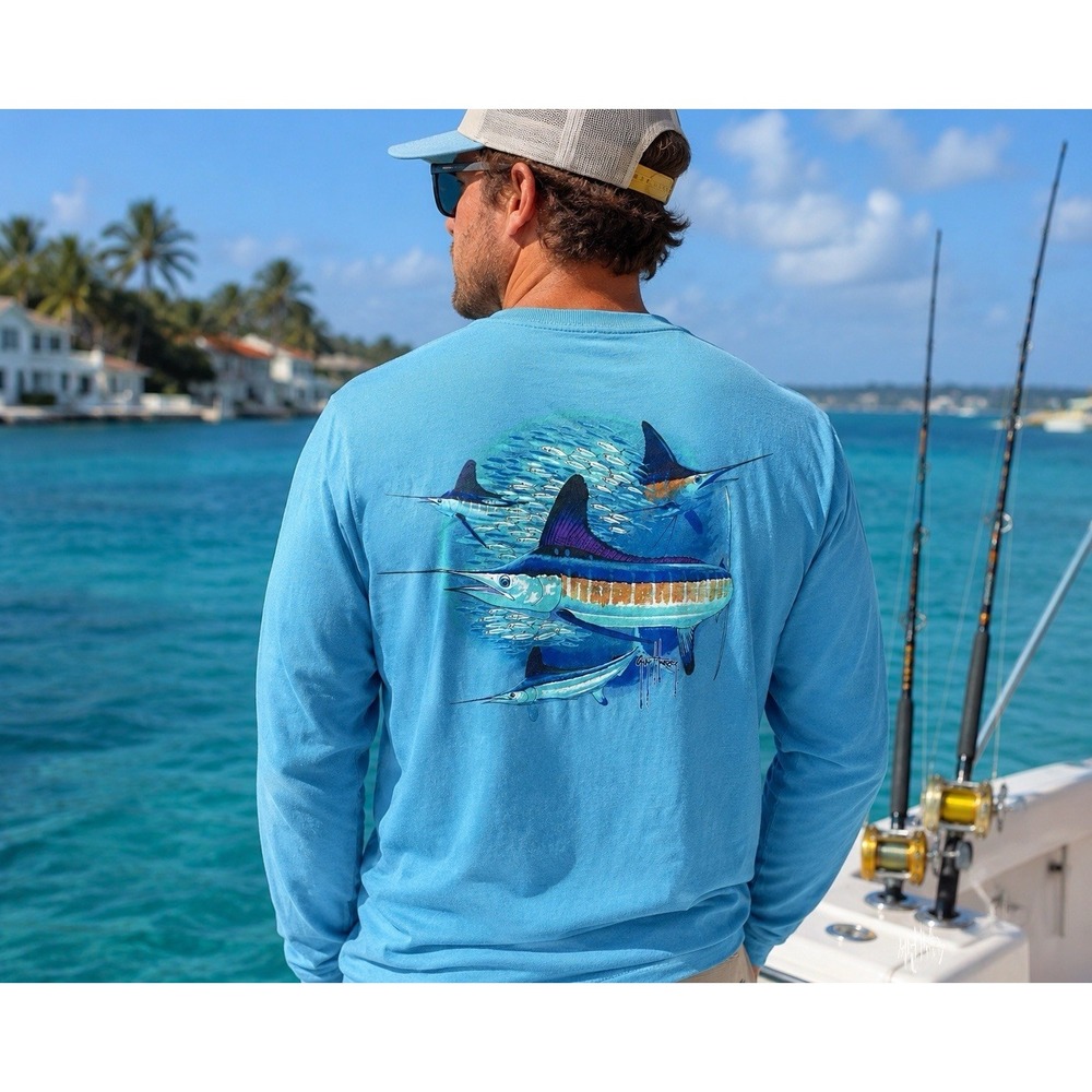 Guy Harvey Classic Fit Long Sleeve‎ T-Shirt Blue Marlin Fishing Graphic Size M